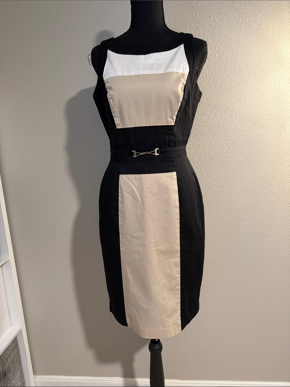 Black and Cream Colorblock Sheath Dress with Waist Detail